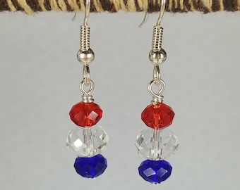 Red White & Blue Crystal Earrings – Handmade Patriotic Jewelry, USA Gift, July 4th Dangles