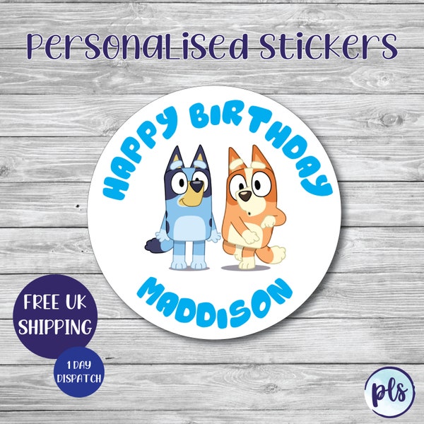 50 x Personalised Bluey/Bingo Stickers //Any Wording Birthday Party Reward School Gifts Sweet Cones Invites\\