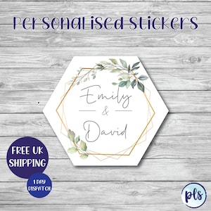 50 x Personalised Floral Hexagon Wedding Stickers - Favours, Invites, Sweet Jars, Flowers, Bridesmaid Gift