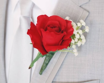Pack of 4 - Red Rose & White Baby's Breath Boutonniere - 5" Tall