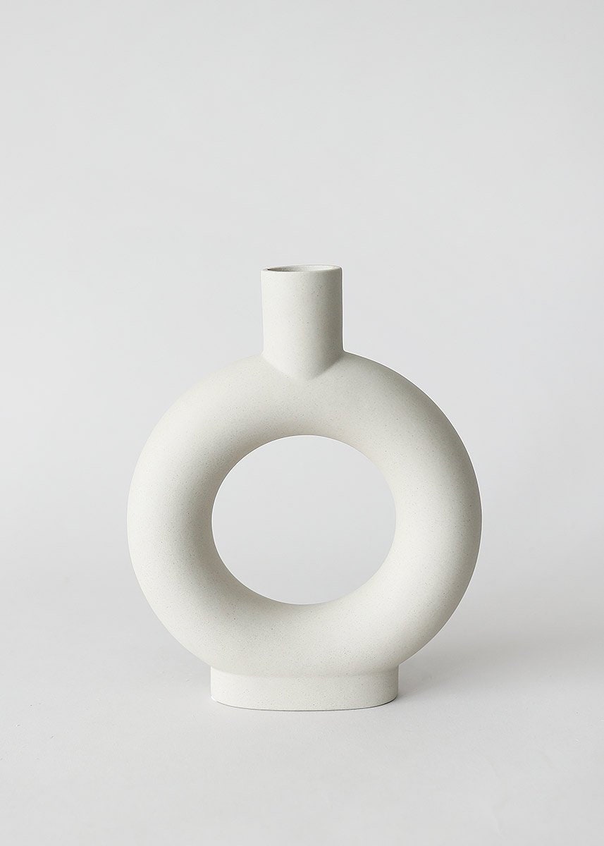 Handmade Raw Stoneware Ceramic Circle Vase in Gray - 9.25" Tall