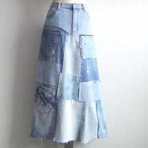 long patchwork denim skirt,  size EU 42, maxi skirt, reworked denim