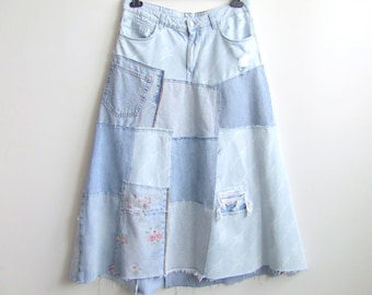 Falda larga de mezclilla con patchwork, talla EU 48, falda maxi, mezclilla reelaborada