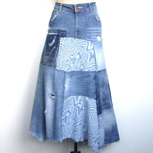 lange patchworkrok, maat 40, UK 12, asymmetrische spijkerrok, geüpcycled denim