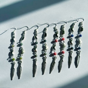 Gemstone Bead Moon and Feather Dangle Earrings