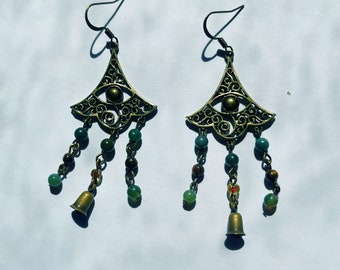 Moss Agate and Tiger Eye Bell Charm Earrings