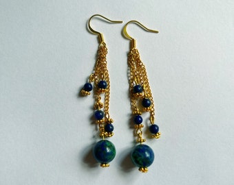Lapis Lazuli and Malacholla/Lapis Bead Gold Dangle Earrings