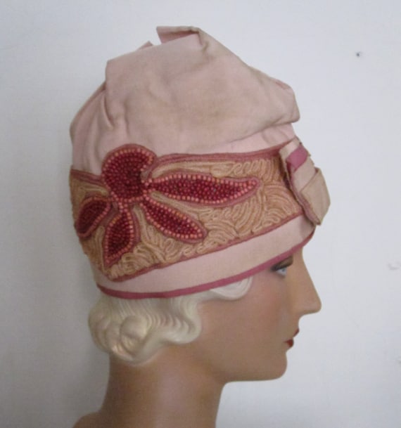 Orelia - 1920's Pink Grosgrain Cloche Hat with Ar… - image 1