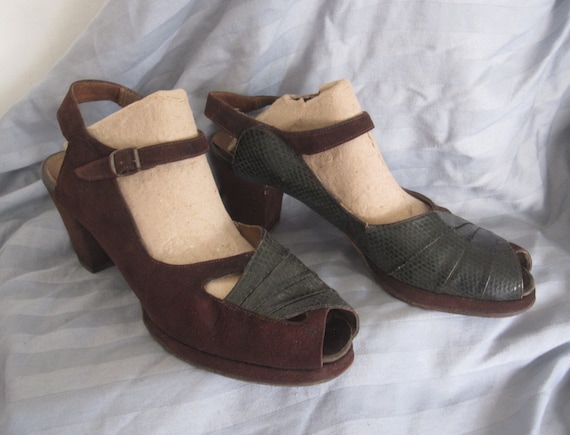 1940's Brown Suede and Green Snakeskin Peep Toe Sh