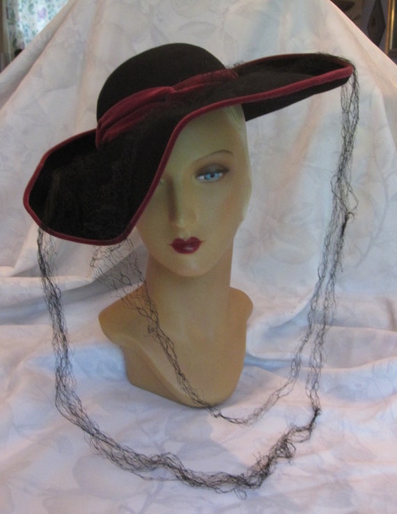 Simone - 1940's Wide Brim Wool Felt Fedora Hat wit