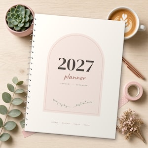 2027 Printable Planner, Dated Weekly & Monthly Planner PDF, Sunday Start, US Letter 8.5x11, Dot Grid Notes, Habit and Mood Tracker, Blush image 1