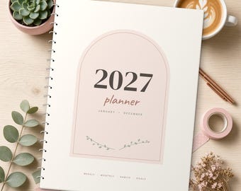 2027 Printable Planner, Dated Weekly & Monthly Planner PDF, Sunday Start, US Letter 8.5x11, Dot Grid Notes, Habit and Mood Tracker, Blush