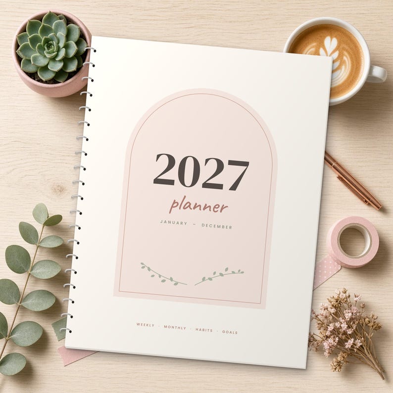 2027 Printable Planner, Dated Weekly & Monthly Planner PDF, Sunday Start, US Letter 8.5x11, Dot Grid Notes, Habit and Mood Tracker, Blush image 1
