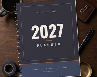 2027 Printable Planner for Men, Dated Weekly & Monthly Planner PDF, Sunday Start, US Letter 8.5x11, Dot Grid Notes, Workout Log, Budget