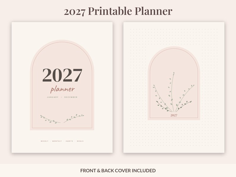 2027 Printable Planner, Dated Weekly & Monthly Planner PDF, Sunday Start, US Letter 8.5x11, Dot Grid Notes, Habit and Mood Tracker, Blush image 2
