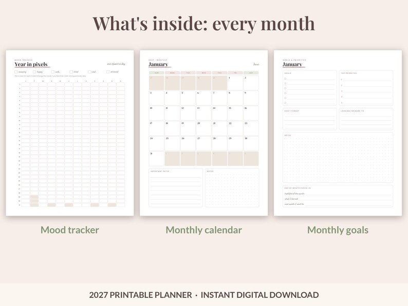2027 Printable Planner, Dated Weekly & Monthly Planner PDF, Sunday Start, US Letter 8.5x11, Dot Grid Notes, Habit and Mood Tracker, Blush image 6