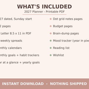 2027 Printable Planner, Dated Weekly & Monthly Planner PDF, Sunday Start, US Letter 8.5x11, Dot Grid Notes, Habit and Mood Tracker, Blush image 3