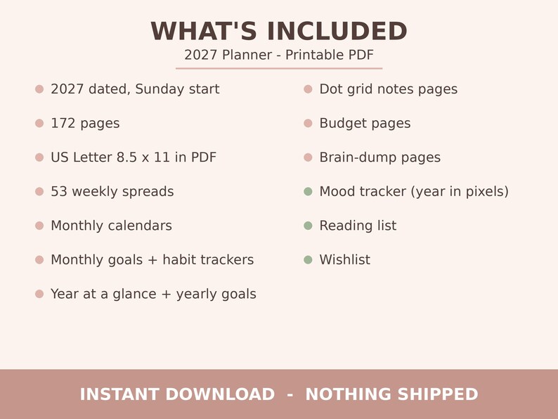 2027 Printable Planner, Dated Weekly & Monthly Planner PDF, Sunday Start, US Letter 8.5x11, Dot Grid Notes, Habit and Mood Tracker, Blush image 3