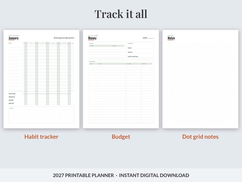 2027 Printable Planner for Men, Dated Weekly & Monthly Planner PDF, Sunday Start, US Letter 8.5x11, Dot Grid Notes, Workout Log, Budget image 7