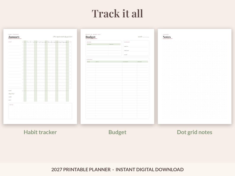 2027 Printable Planner, Dated Weekly & Monthly Planner PDF, Sunday Start, US Letter 8.5x11, Dot Grid Notes, Habit and Mood Tracker, Blush image 7