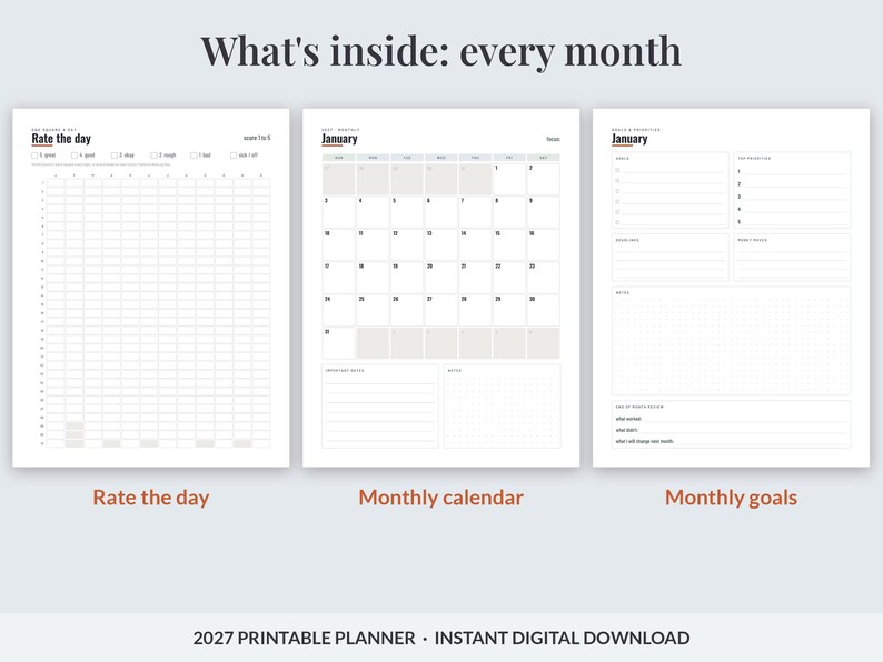 2027 Printable Planner for Men, Dated Weekly & Monthly Planner PDF, Sunday Start, US Letter 8.5x11, Dot Grid Notes, Workout Log, Budget image 6