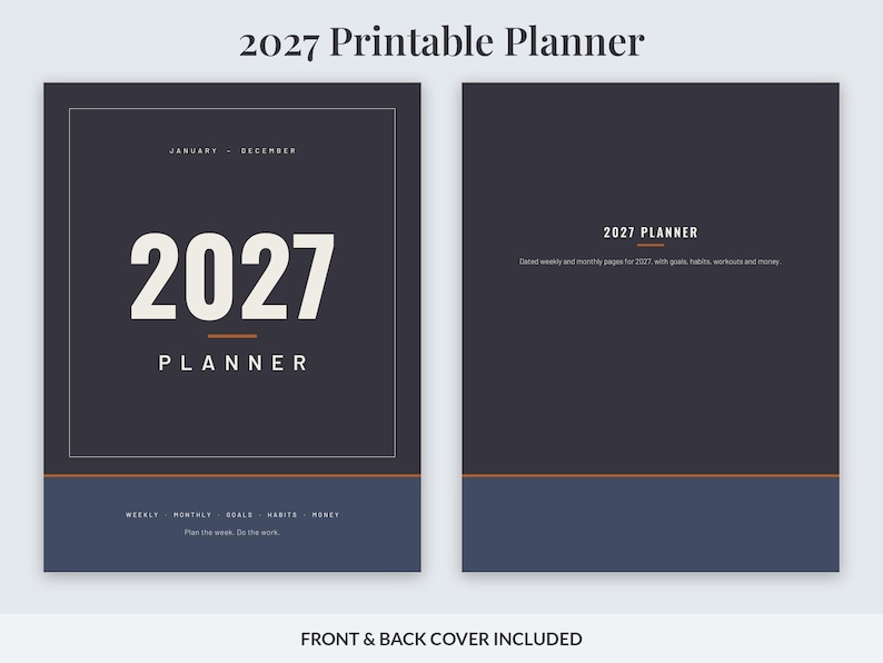 2027 Printable Planner for Men, Dated Weekly & Monthly Planner PDF, Sunday Start, US Letter 8.5x11, Dot Grid Notes, Workout Log, Budget image 2