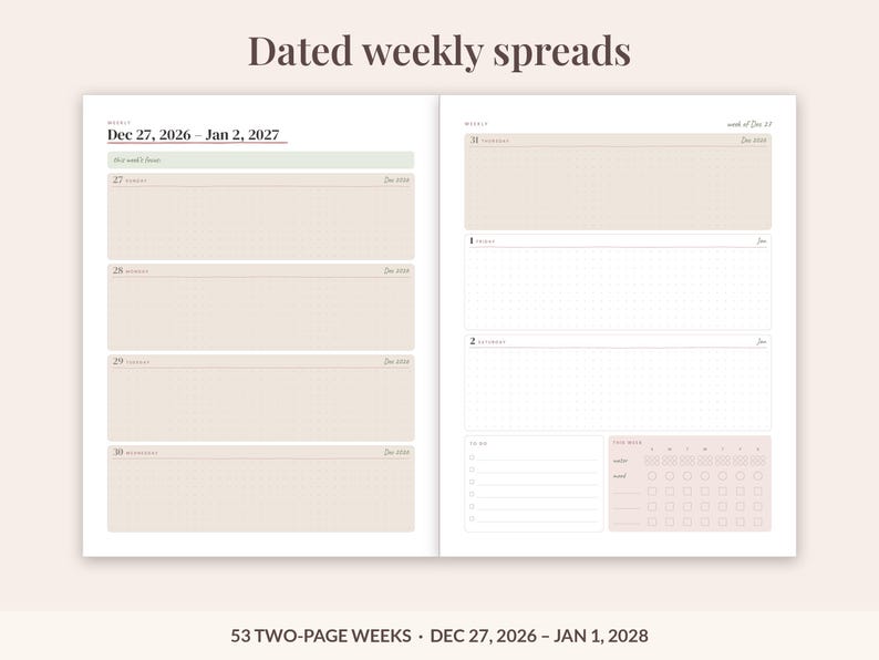 2027 Printable Planner, Dated Weekly & Monthly Planner PDF, Sunday Start, US Letter 8.5x11, Dot Grid Notes, Habit and Mood Tracker, Blush image 4