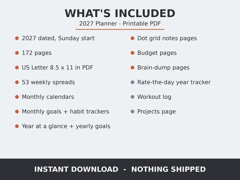 2027 Printable Planner for Men, Dated Weekly & Monthly Planner PDF, Sunday Start, US Letter 8.5x11, Dot Grid Notes, Workout Log, Budget image 3