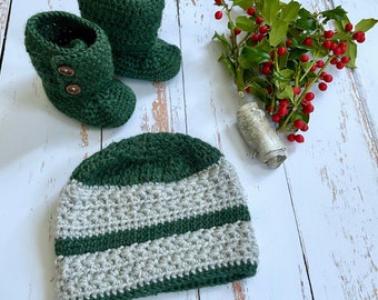 Falling for You Baby Hat & bootie set | pine and oatmeal | 6-9 months