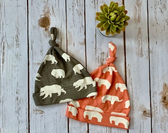 100% Organic Cotton Newborn Baby Hat - choice of print: gray bears | salmon elephants