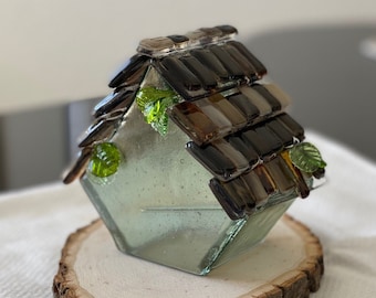 Handmade Decorative Miniature Glass Birdhouse - Special Irid Green