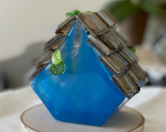 Handmade Decorative Miniature Glass Birdhouse - Blue