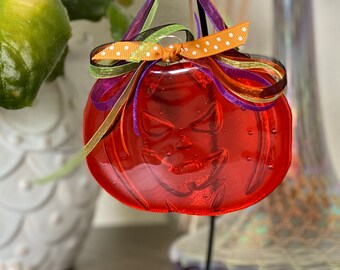 Trick or Treat for Halloween! Fused Glass Bas Relief Pumpkin Suncatcher