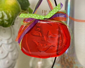 Trick or Treat for Halloween! Fused Glass Bas Relief Pumpkin Suncatcher