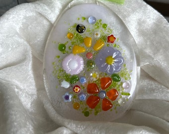 Garden Party Easter Egg Shape Fused Glass Suncatcher/Ornament