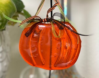 Pumpkin Spice and Everything Nice! Fused Glass Bas Relief Pumpkin Suncatcher