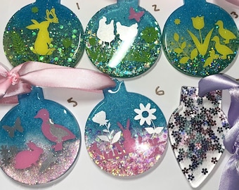 Easter or Spring Glitter Resin Ornaments with Spring Animals and Flowers