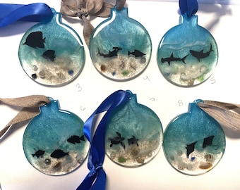 Beachy Wave Resin Ornament with Natural Shells