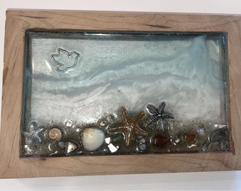 Scenic Starfish Resin Beach Scene In Natural Cherry Wood Frame, all Handmade