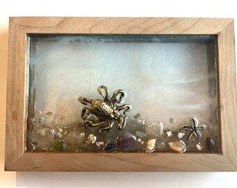 Scenic Octopus Resin Beach Scene In Natural Cherry Wood Frame, all Handmade