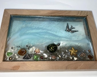 Scenic Turtle Resin Beach Scene In Natural Cherry Wood Frame, all Handmade