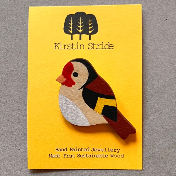 Large Wooden bird pin brooch. Hand painted Goldfinch bird pin brooch