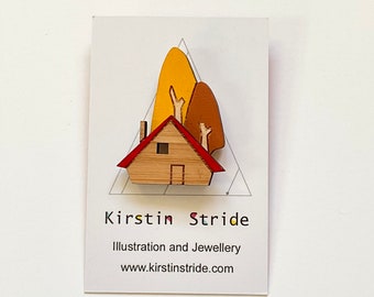 Cabin and Trees pin brooch. Hand painted. Sustainable Birch wood. Free Delivery to UK