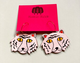 Hand Painted Tiger earrings made from sustainable Bamboo. Hoop earrings. Statement Earrings.  Free Delivery in UK