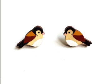 Wooden Sparrow earrings. Hand painted Bird earrings - Sparrows. Earrings - Hipster - indie earrings - earring