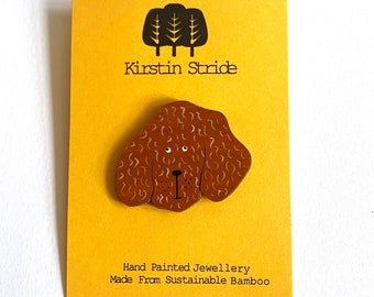 Hand Painted Dog Pin brooch. Bamboo brooch. Sustainable. Free delivery to UK
