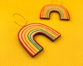 Hand Painted Rainbow earrings made from sustainable Bamboo. Pride. Statement Earrings. Drop Earrings. Hoop Earrings. Free Delivery to UK