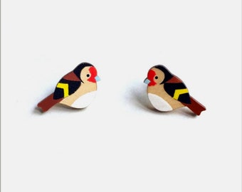 Wooden Goldfinch earrings. Hand painted Bird earrings - Eco jewellery. Goldfinch. Earrings - Bird Jewlery - indie earrings - earring