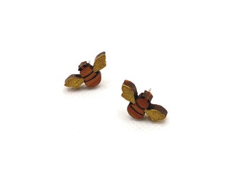 Small Bee earrings made from sustainable bamboo.