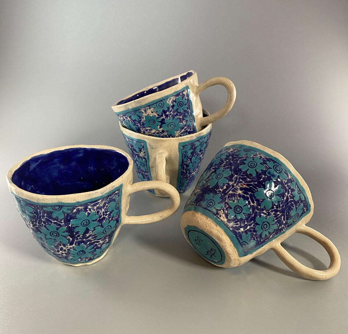 Set of Four Ceramic Coffee or Teacups with Blue Floral Pattern Etsy